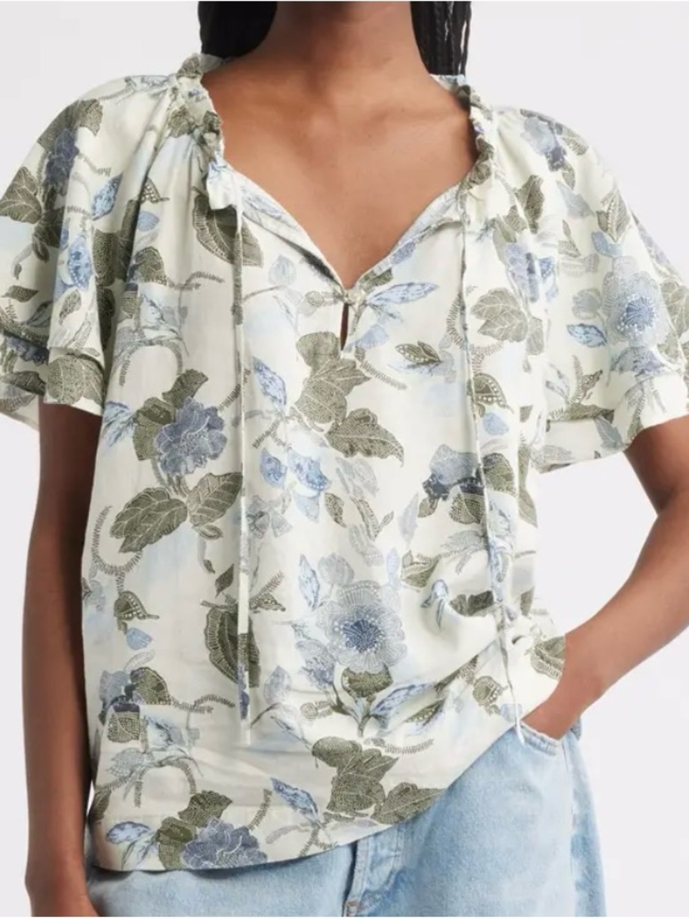 Shirred Botanical Print Linen Blend
Top